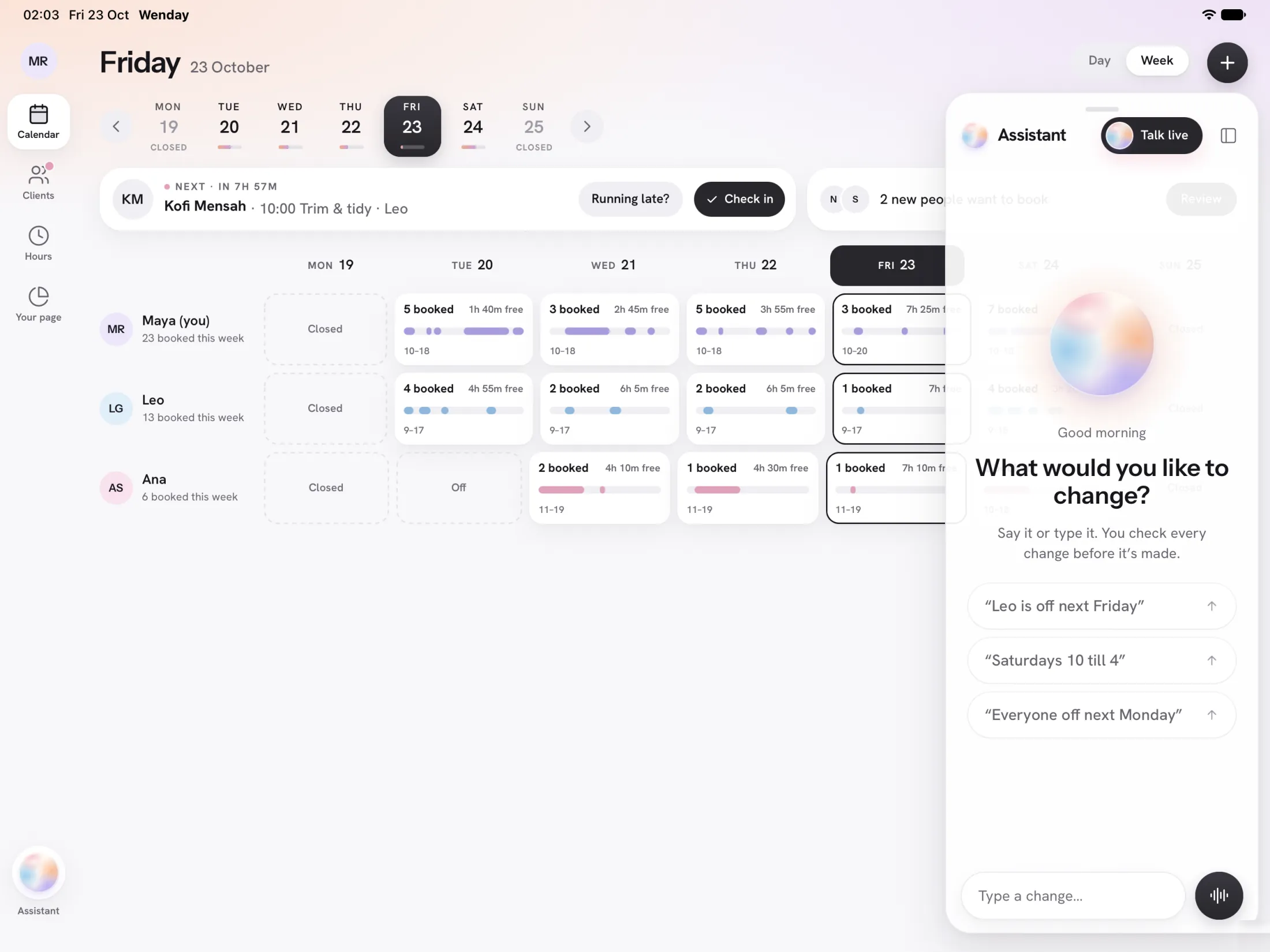 Daynup on iPad: the team's week as a grid with the assistant beside it